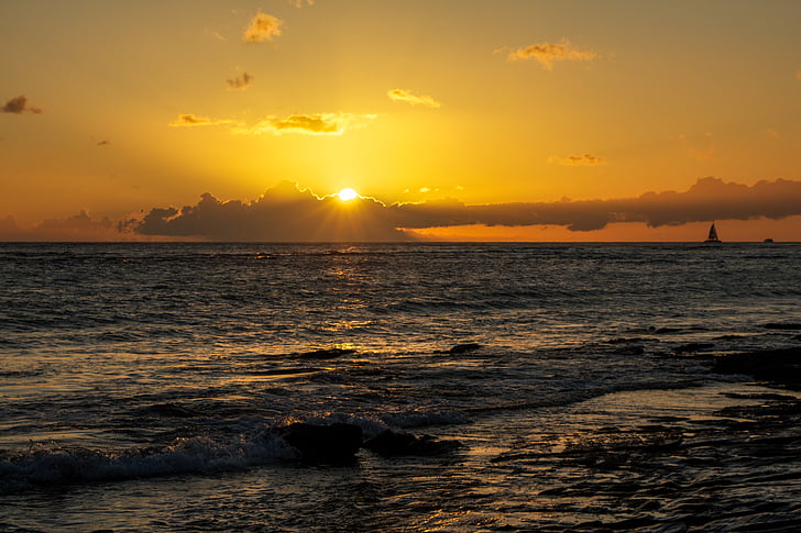 Hawaii, solnedgang, stranden, hav, sjøen, Sommer, ferie