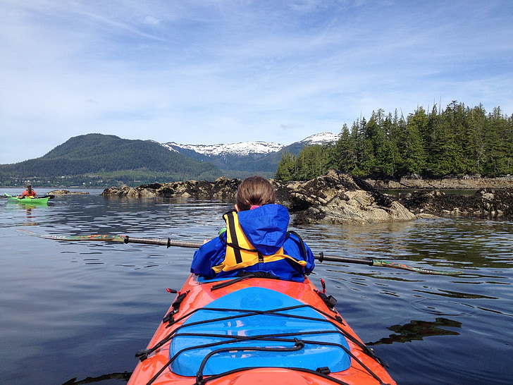 kayak, lake, water, mountains, alaska, nature, sport