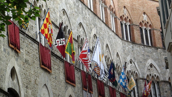 flaggor, Siena, part, Palio, väggen, arkitektur, byggnad