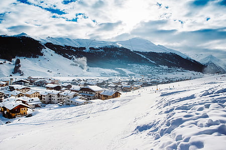 Italien, Village, by, Dolomitterne, bjerge, vinter, sne