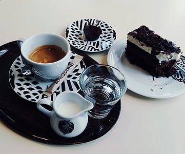 coffee, water, cake, the cake, plate, dessert, pastry shop