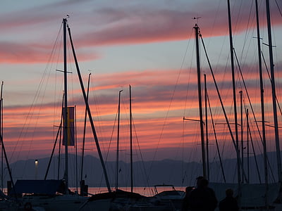 afterglow, sunset, water, lake, ship, boot, port