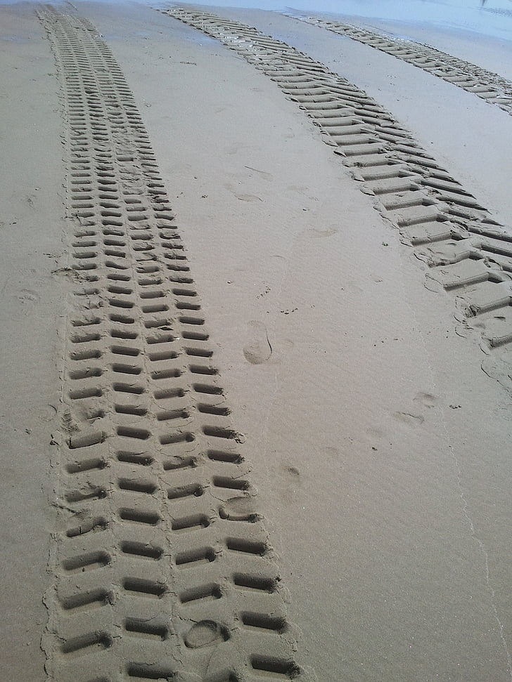 plage, traces de pneu, traces, mer, titres dans le sable, Holland, mer du Nord