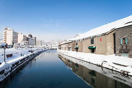 canal, water, snow, winter, blue, sky, buildings