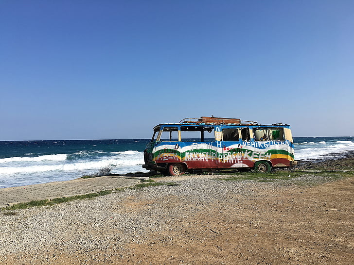 Bãi biển, xe buýt, tôi à?, màu xanh, himmel, sóng, bờ biển