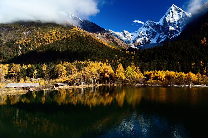 dekoracje, jesień, gou BI peng, góry, Natura, Jezioro, krajobraz