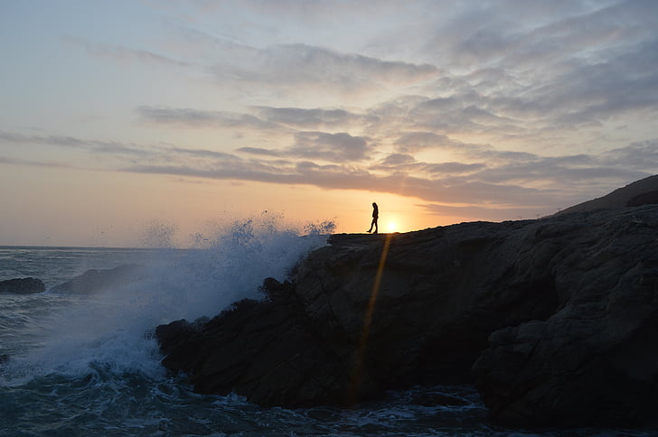 man, sunset, breakers, seaside, ocean, silhouette, silhouette man