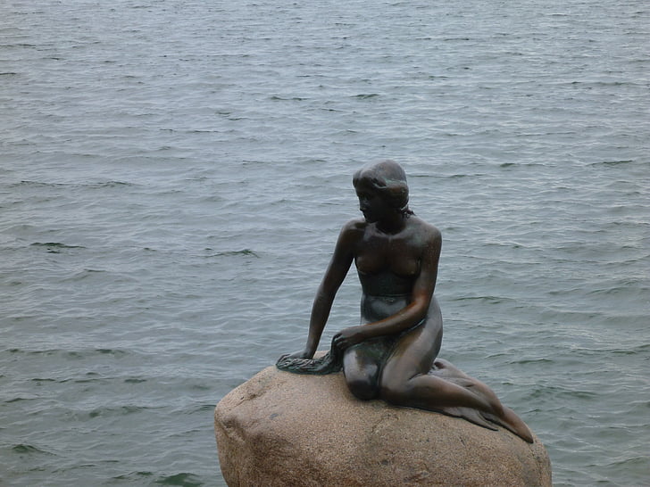 statue, mermaid, water, sea, copenhagen