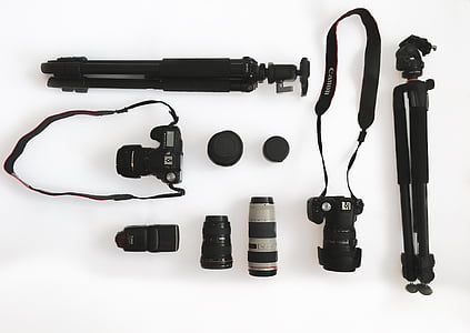 cámara, del engranaje, lente, equipo, profesional, trípode, Canon