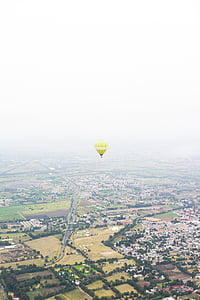 balloon, land, field, houses, aerial, flying, plants