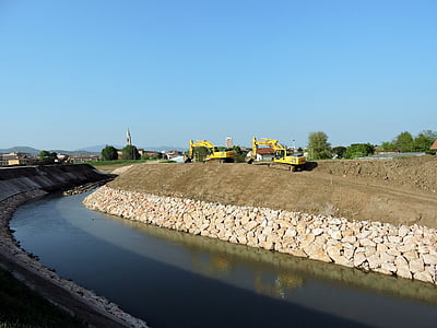 river, excavator, earthmoving, revolving, machinery, levee, tracked