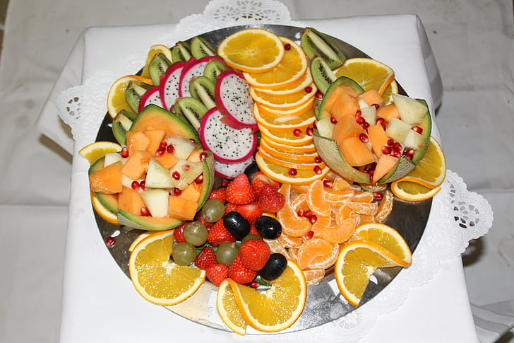buffet, vruchten, fruit, gezonde, vitaminen, gerangschikt, eten en drinken