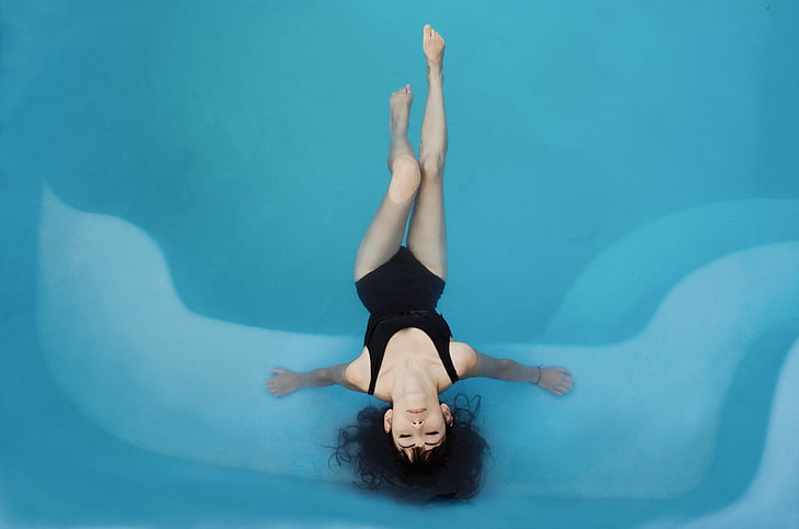 woman, black, monokini, pool, water, relaxing, swimming pool