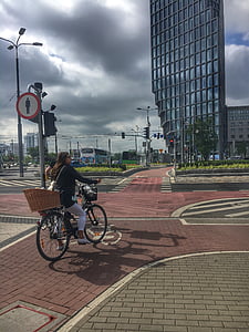 Oficina, mujer, negocios, Poznan, ciudad, bicicleta, viajes