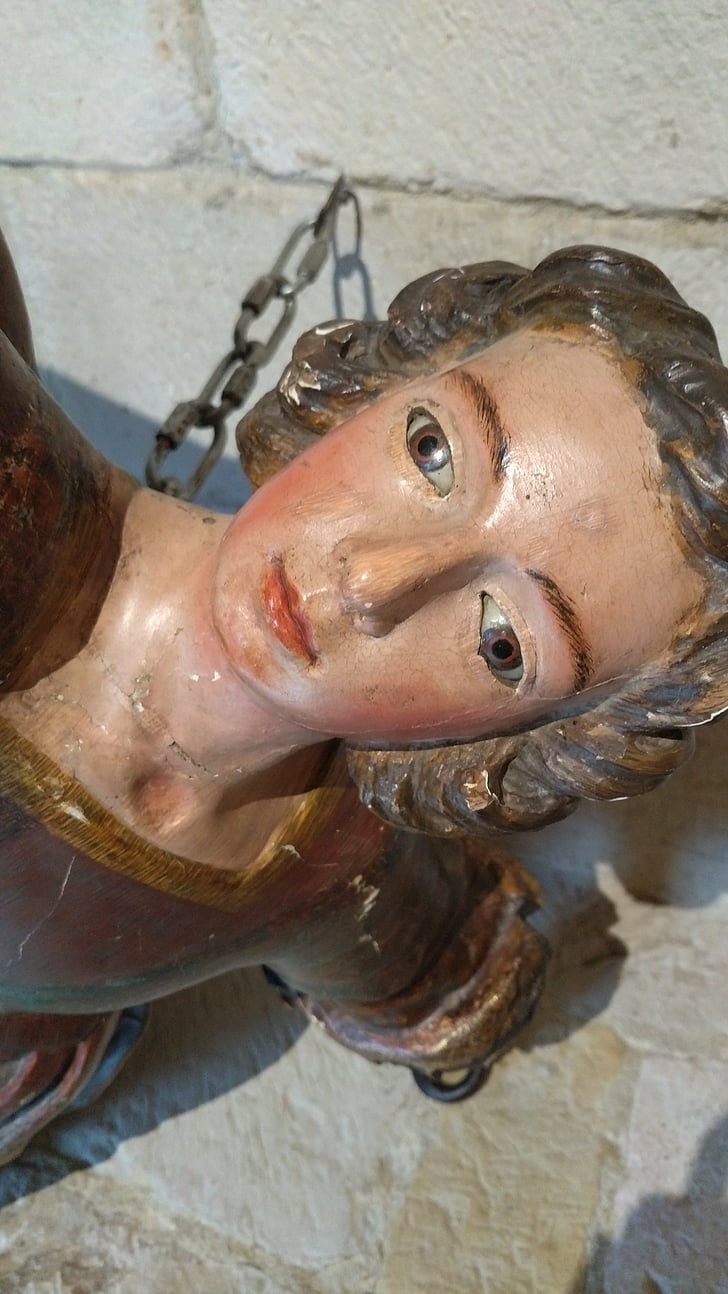 angel, sculpture, church, female, face, eyes