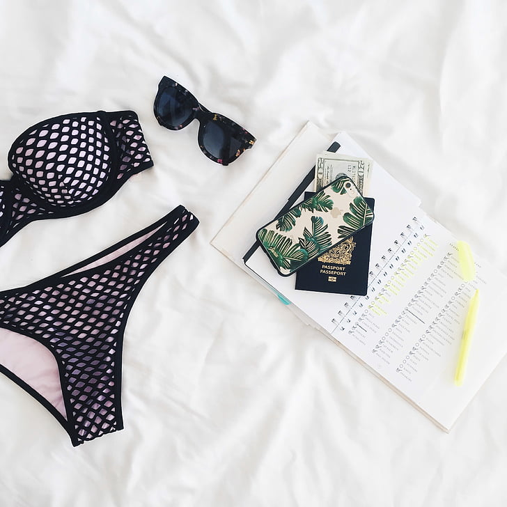 bikini, sunglasses, outfit, notebook, passport, travel, summer