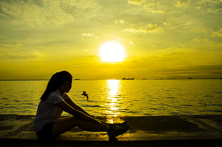 girl, sitting, sunset, rest, relax, enjoy, sun