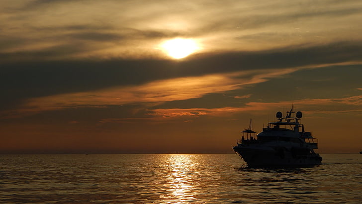 Trieste, pôr do sol, nuvens, céu, Porto, cais, barco