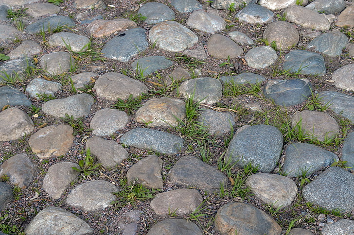 paved road, cobblestones, pavement, texture, grass, stone, vintage
