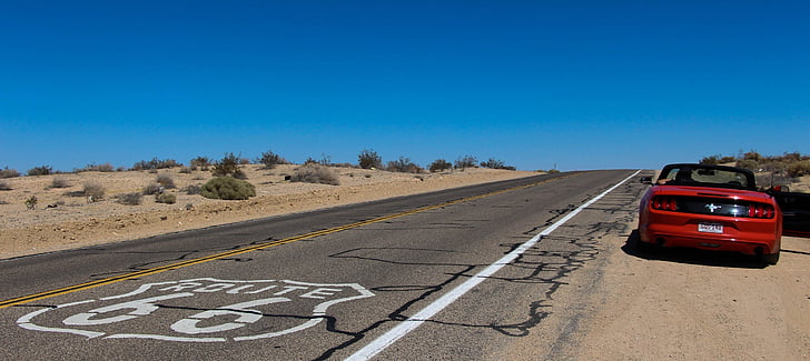 конвертируеми, Route 66, пустиня, път, кола, синьо небе, Транспорт