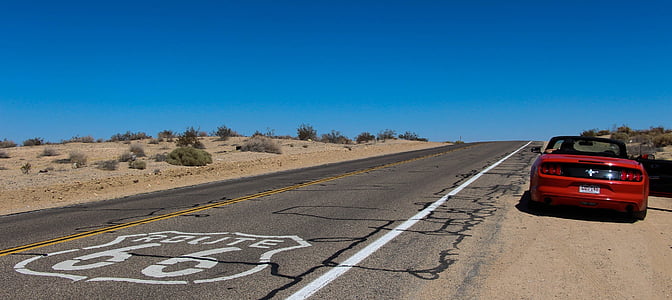 convertible, route 66, desert, road, car, blue sky, transportation