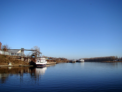 Pier, vatten, floden, Volga, silvertejp, fartyg, blå