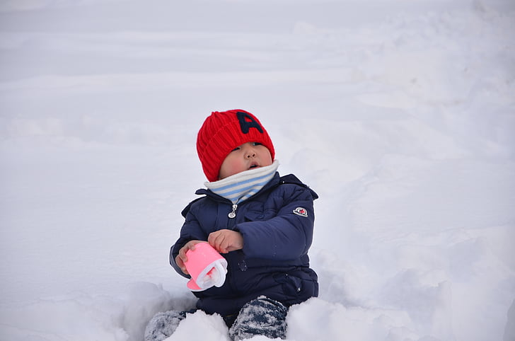 หิมะ, เด็ก, เล่น, หมวก, งเด็กเข้าพัก