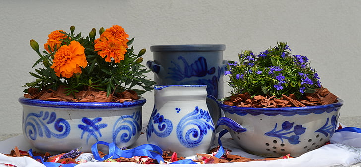 louça de barro, cerâmica, cinza, azul, flores, panela de barro, arranjo