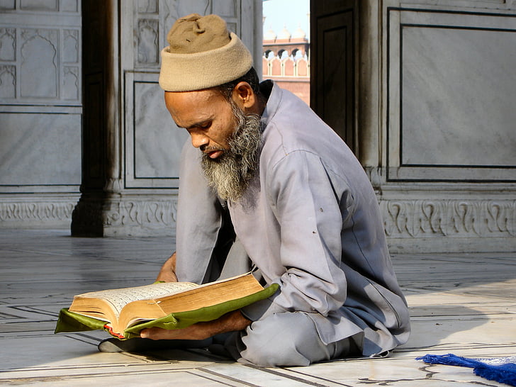 lire, religion, homme, s’asseoir, fidèles, Inde, foi