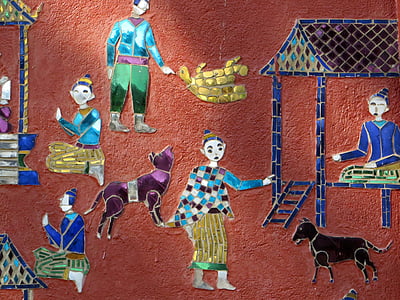 laos, luang prabang, vat sen soukharam, mosaic, mural, characters, stories