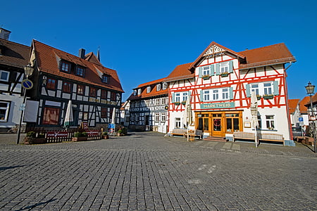 Oberursel, Hesse, Německo, staré město, Krov, fachwerkhaus, kostel