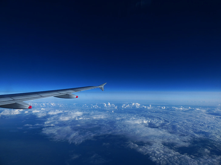 clouds, aircraft, sky, blue, wing, travel, flight