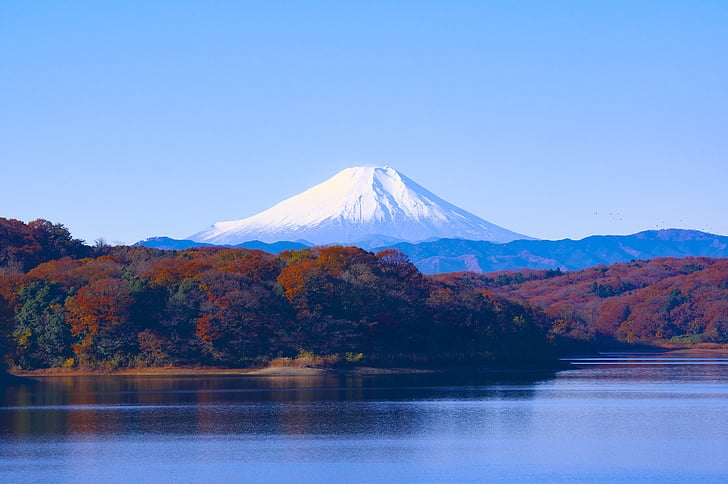 Japan, Sayama lake, reservoir, landschap, werelderfgoed, herfst bladeren, Fuji-san