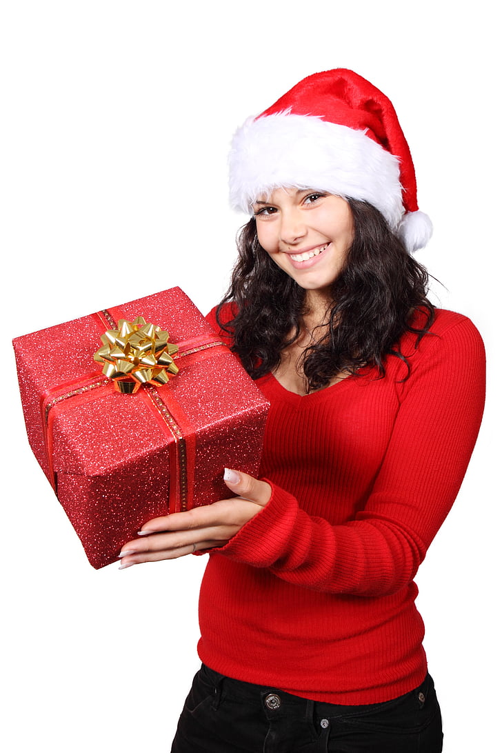 Christmas, mignon, femelle, cadeau, jeune fille, heureux, chapeau