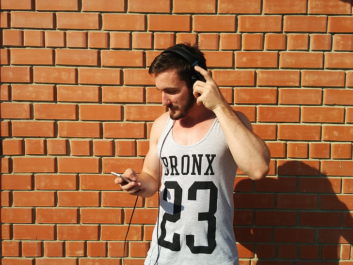young, man, music, player, headsets, brick wall, to listen