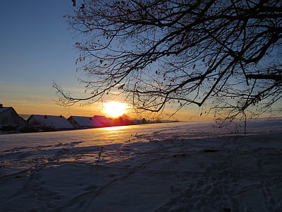 wintry, sunset, sun, fields, snowy, winter, cold