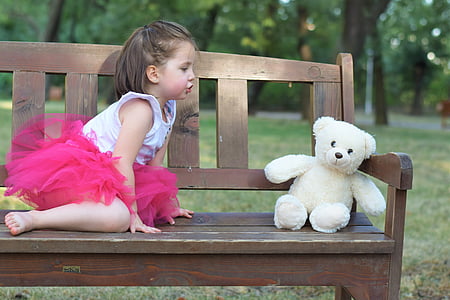 bench, child, cute, fun, girl, grass, happiness