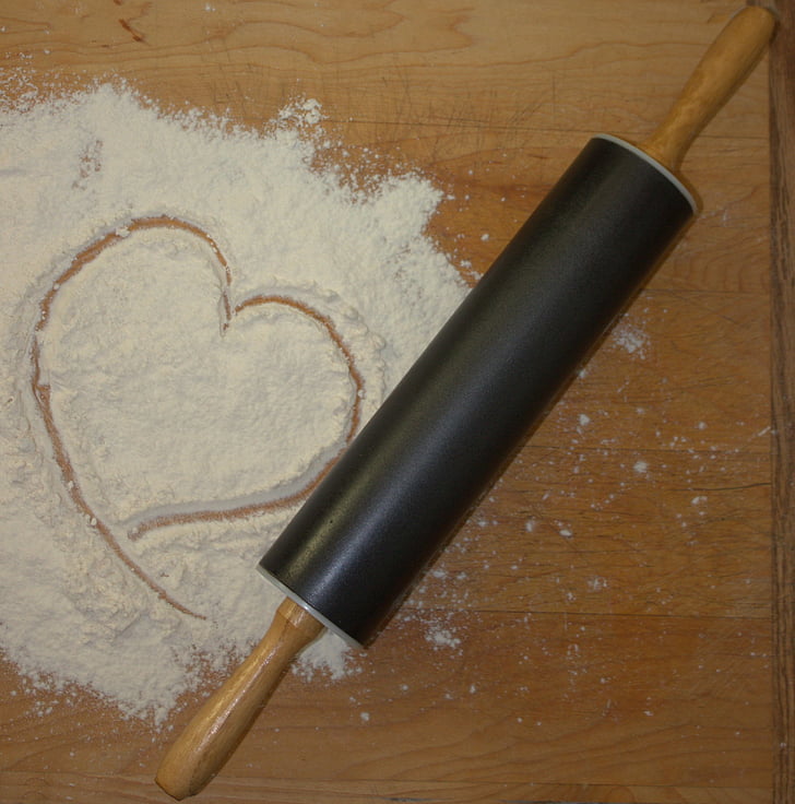 pin cán, bột mì, nướng, trái tim, hình dạng, cán, chuẩn bị