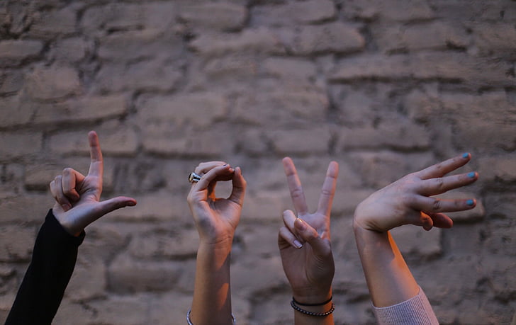 quatre, mà, signe, lectura, l'amor, persones, amics