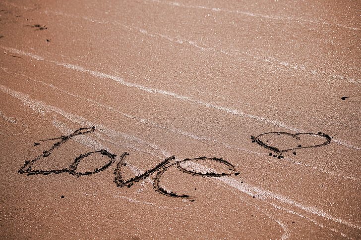 Cinta, Pantai, Romantisisme, jantung, pasir, ditulis, kata