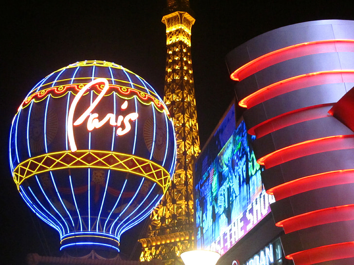 Las vegas, Parigi, Eiffel, notte, Vegas, Casinò, al neon