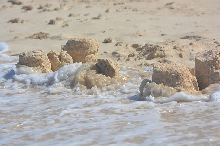 Sand castle, förödelse, vågor, stranden, havet, naturen, naturkraft