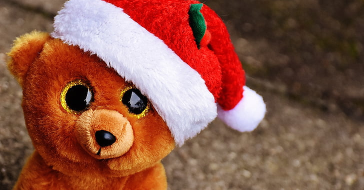 Božić, medo, medvjed, plišane životinje, mekana igračka, kapu Djeda Mraza, igračke