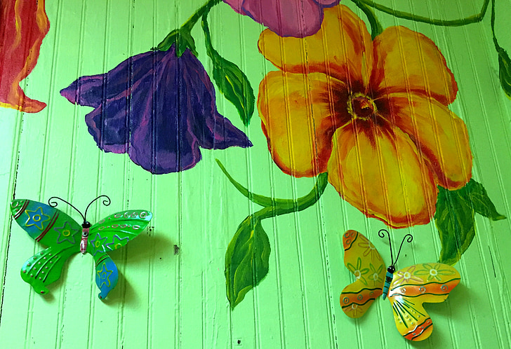 vægkunst, vægmaleri, blomst, farverige, sommerfugl, træ, maling