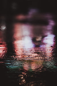 body, water, purple, green, lights, rain, puddle