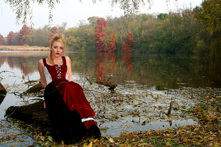 dievča, jazero, jeseň, strom, reflexie, červená, blond