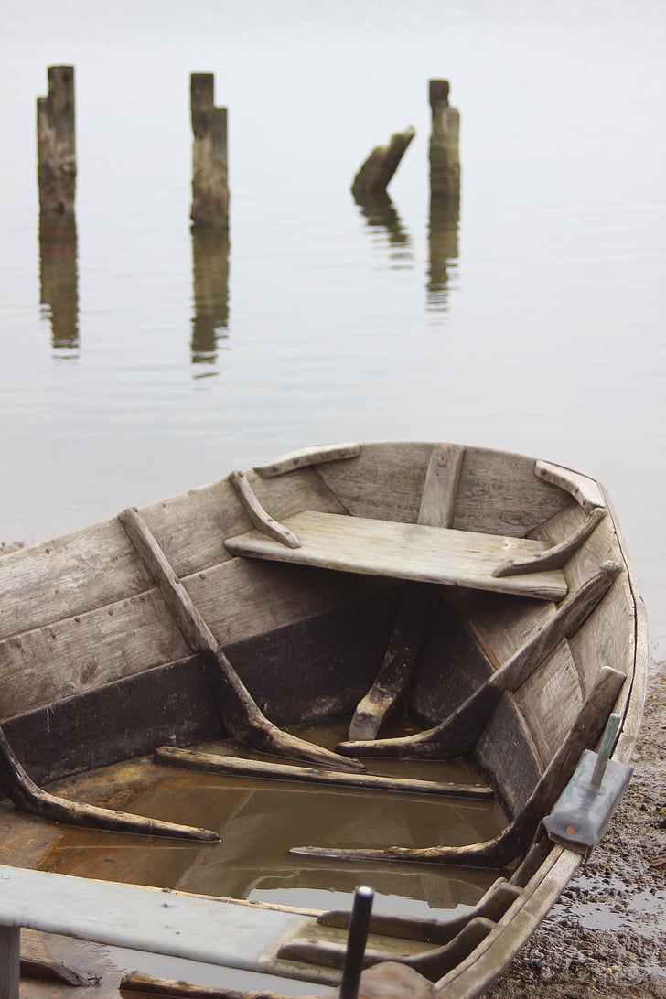 barca de rems, vaixell, vell, l'aigua, reflexió, tranquil