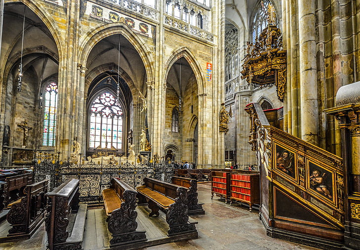 náboženstvo, kostol, Cathedral, Vitus, Praha, interiér, atmosferické