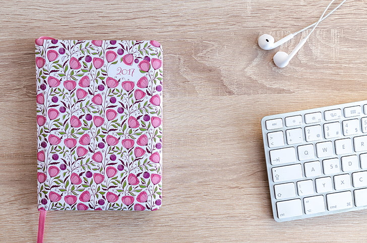 apple, design, desk, earphones, keyboard, notebook, paper