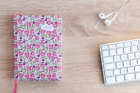 apple, design, desk, earphones, keyboard, notebook, paper